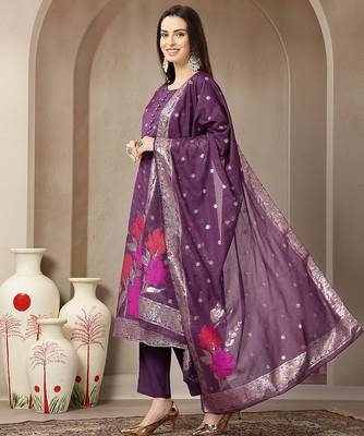 purple chanderi silk floral straight kurta trouser dupatta set 2