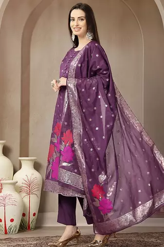 purple chanderi silk floral straight kurta trouser dupatta set