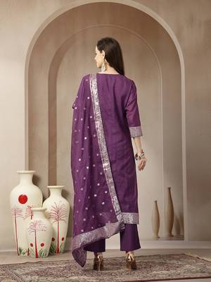 purple chanderi silk floral straight kurta trouser dupatta set 3