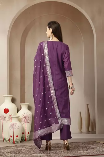 purple chanderi silk floral straight kurta trouser dupatta set