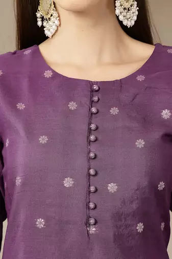purple chanderi silk floral straight kurta trouser dupatta set