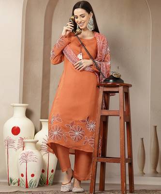 rust mul chanderi silk keyhole neck a-line kurta trouser dupatta set 1