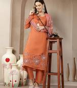 rust mul chanderi silk keyhole neck a-line kurta trouser dupatta set