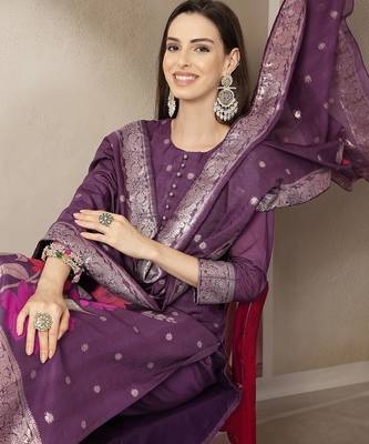 purple chanderi silk floral straight kurta trouser dupatta set 5
