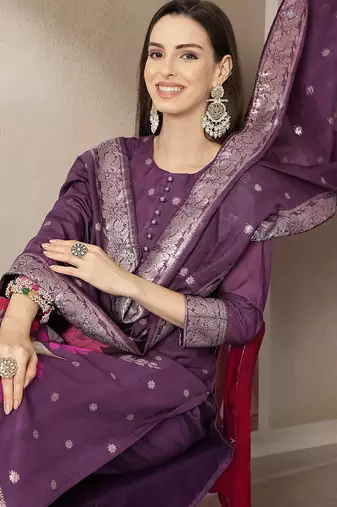 purple chanderi silk floral straight kurta trouser dupatta set