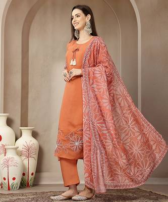 rust mul chanderi silk keyhole neck a-line kurta trouser dupatta set 2