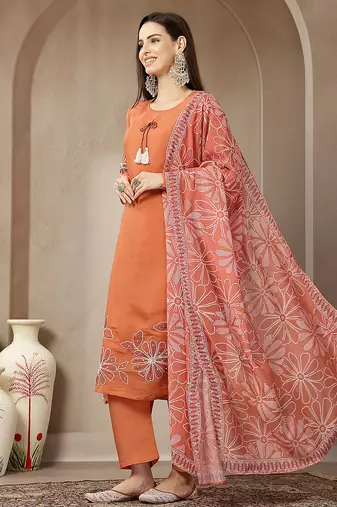 rust mul chanderi silk keyhole neck a-line kurta trouser dupatta set