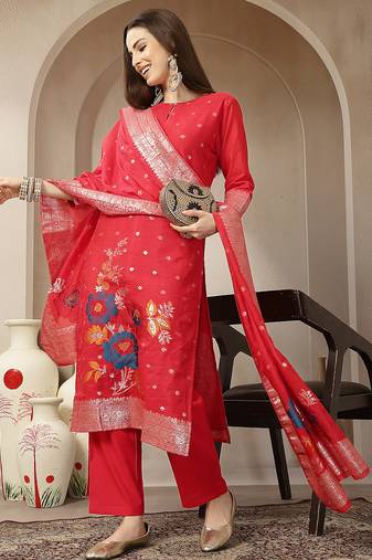 red chanderi silk floral goldan print straight kurta trouser dupatta set