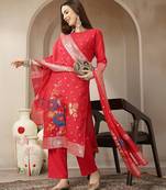 red chanderi silk floral goldan print straight kurta trouser dupatta set