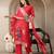red chanderi silk floral goldan print straight kurta trouser dupatta set