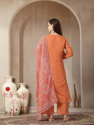 rust mul chanderi silk keyhole neck a-line kurta trouser dupatta set 3