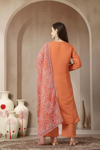 rust mul chanderi silk keyhole neck a-line kurta trouser dupatta set