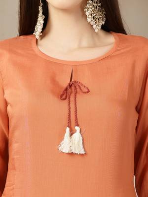 rust mul chanderi silk keyhole neck a-line kurta trouser dupatta set 4