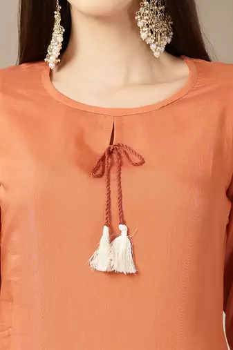 rust mul chanderi silk keyhole neck a-line kurta trouser dupatta set