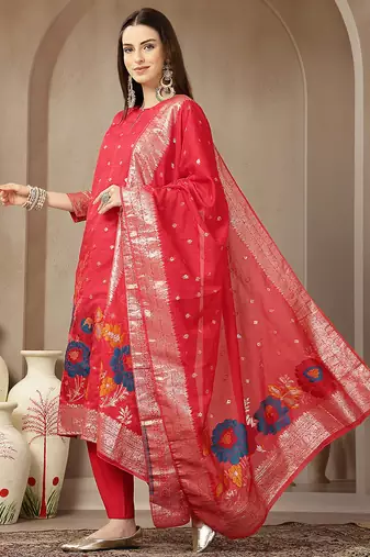 red chanderi silk floral goldan print straight kurta trouser dupatta set