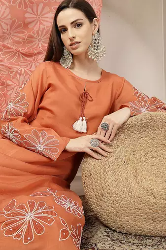 rust mul chanderi silk keyhole neck a-line kurta trouser dupatta set
