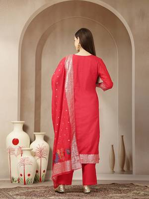 red chanderi silk floral goldan print straight kurta trouser dupatta set 3