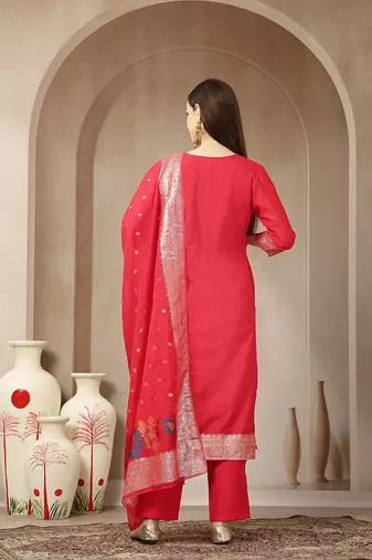red chanderi silk floral goldan print straight kurta trouser dupatta set
