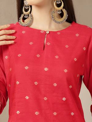 red chanderi silk floral goldan print straight kurta trouser dupatta set 4