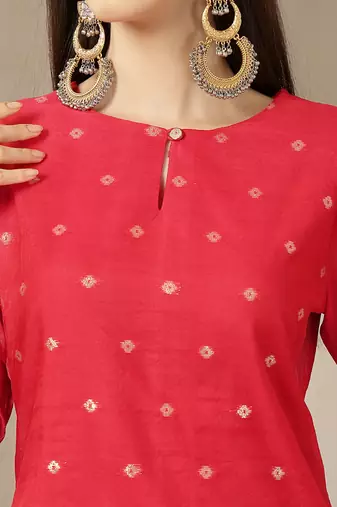 red chanderi silk floral goldan print straight kurta trouser dupatta set