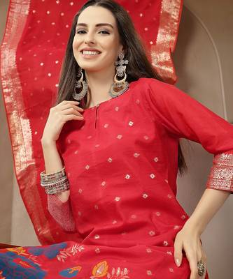 red chanderi silk floral goldan print straight kurta trouser dupatta set 5