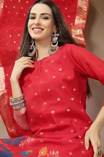 red chanderi silk floral goldan print straight kurta trouser dupatta set