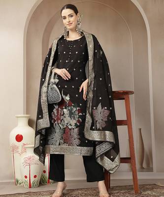 black chanderi silk floral straight kurta trouser dupatta set 1