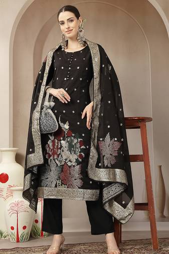 black chanderi silk floral straight kurta trouser dupatta set