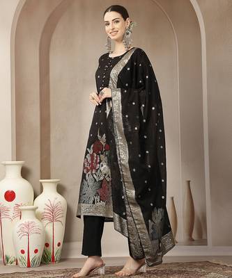 black chanderi silk floral straight kurta trouser dupatta set 2