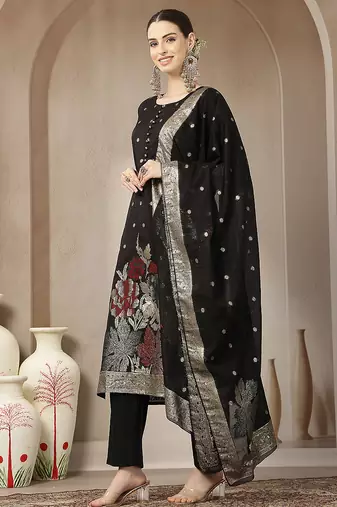 black chanderi silk floral straight kurta trouser dupatta set