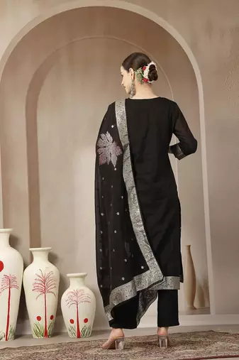 black chanderi silk floral straight kurta trouser dupatta set