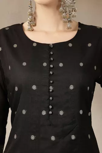 black chanderi silk floral straight kurta trouser dupatta set