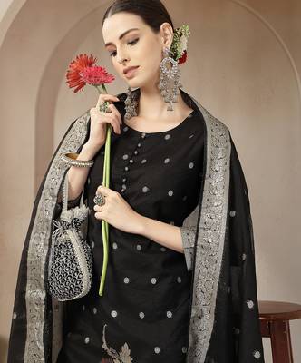 black chanderi silk floral straight kurta trouser dupatta set 5