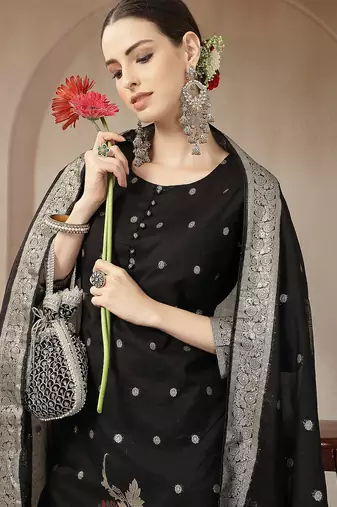 black chanderi silk floral straight kurta trouser dupatta set