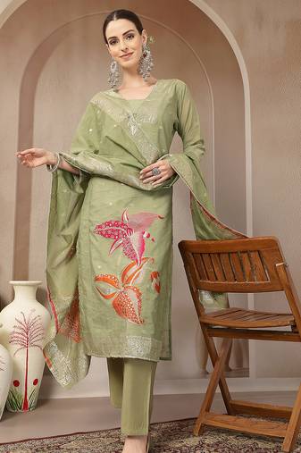 green chanderi silk floral straight kurta trouser dupatta set
