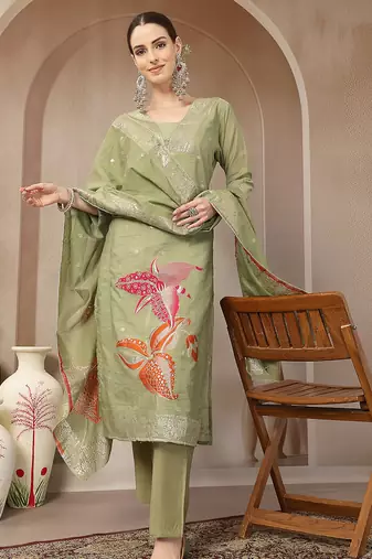 green chanderi silk floral straight kurta trouser dupatta set