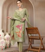 green chanderi silk floral straight kurta trouser dupatta set