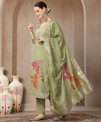 green chanderi silk floral straight kurta trouser dupatta set 2