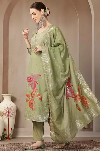 green chanderi silk floral straight kurta trouser dupatta set