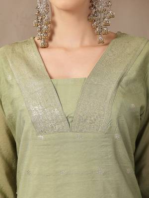 green chanderi silk floral straight kurta trouser dupatta set 4