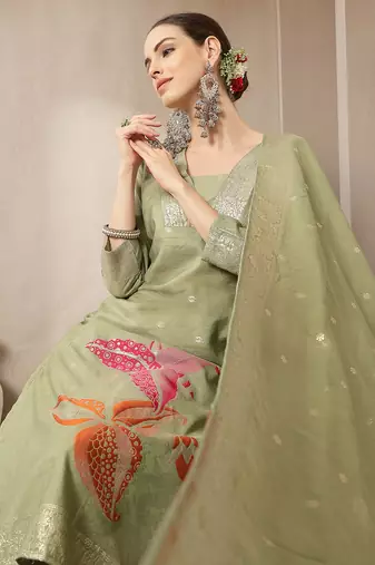 green chanderi silk floral straight kurta trouser dupatta set