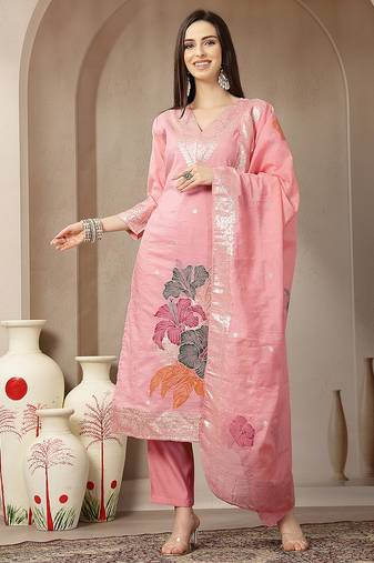 peach chanderi silk floral straight kurta trouser dupatta set