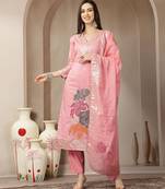 peach chanderi silk floral straight kurta trouser dupatta set