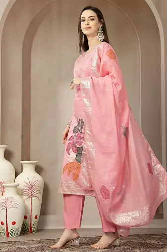 peach chanderi silk floral straight kurta trouser dupatta set