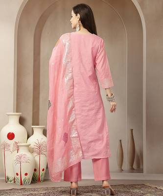 peach chanderi silk floral straight kurta trouser dupatta set 3