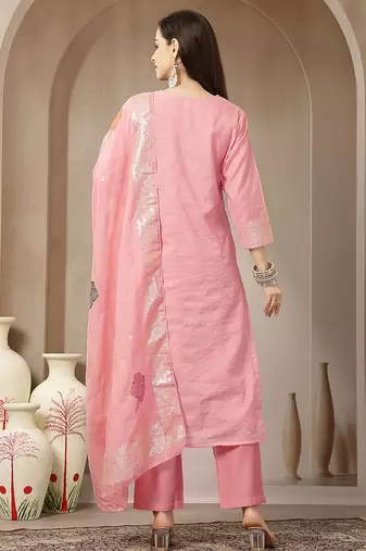 peach chanderi silk floral straight kurta trouser dupatta set