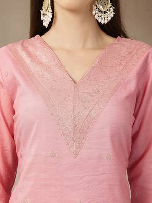peach chanderi silk floral straight kurta trouser dupatta set 4