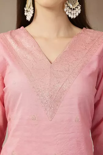 peach chanderi silk floral straight kurta trouser dupatta set