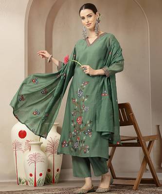 green mul chanderi embroidery a-line kurta trouser dupatta set 1