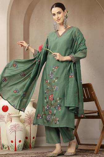 green mul chanderi embroidery a-line kurta trouser dupatta set